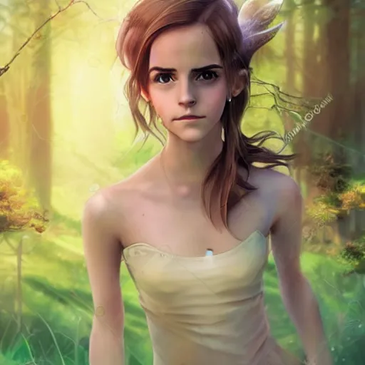 Prompt: emma watson fairy girl posing in the forrest, concept art, anime girl, clean digital concept art, facing the camera