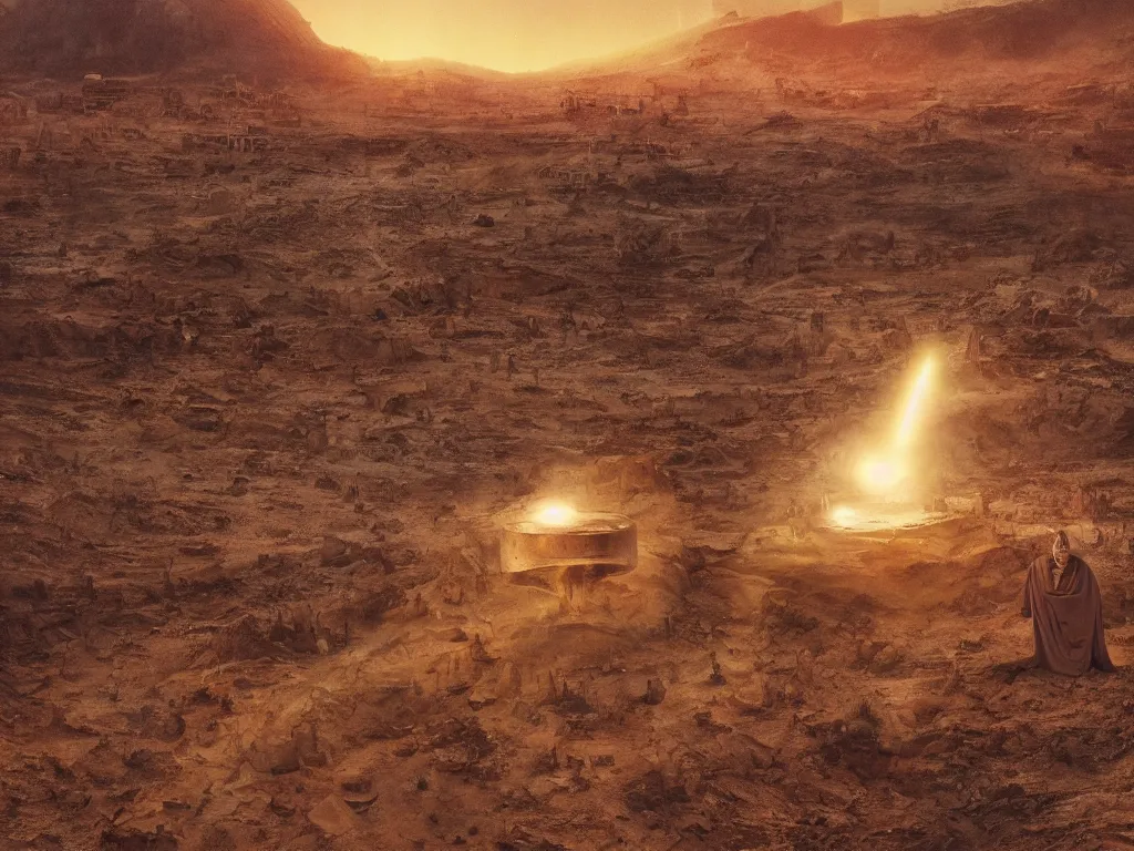 Prompt: glowing bene gesserit in full - face golden mask in a dry rocky desert landscape with abandoned city beneath the sand and giant alien spaceship in the sky by christopher doyle and alejandro jodorowsky, anamorphic lens, kodakchrome, cinematic composition, very detailed photo, 8 k,