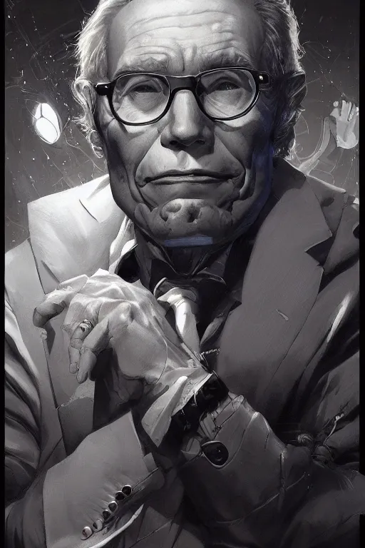 Image similar to portrait of isaac asimov by artgerm and Craig Mullins, James Jean, Andrey Ryabovichev, Mark Simonetti and Peter Morbacher 16k