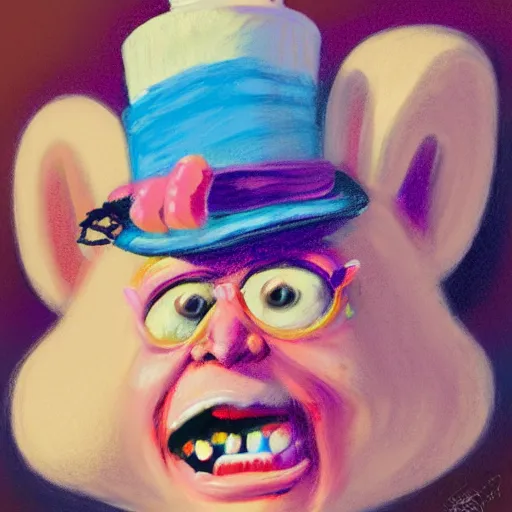 Image similar to Chalk Pastel, crazy cooky old woman, wearing a funny hat, yelling expression, trending on artstation, behance, dribbble