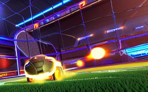 Image similar to rocket league, car soccer, boom, goal, demo, explosion, action shot, lens flares, rim light, raytracing, glow, haze, octane render, unreal engine, cinematic angle, dramatic lighting