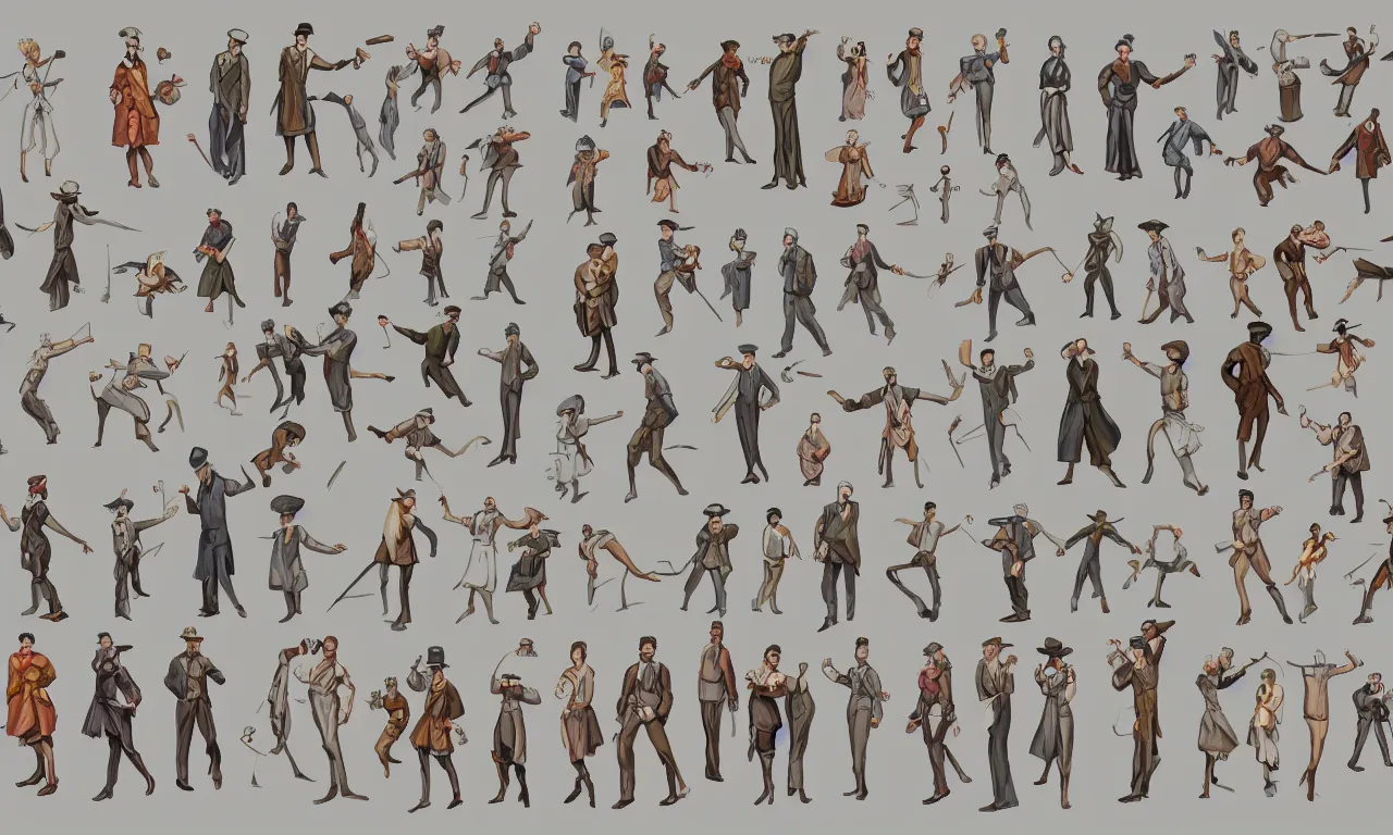 Prompt: game asset sheet, material study, 2 d sprite, 1 9 0 0 s era characters from california dancing