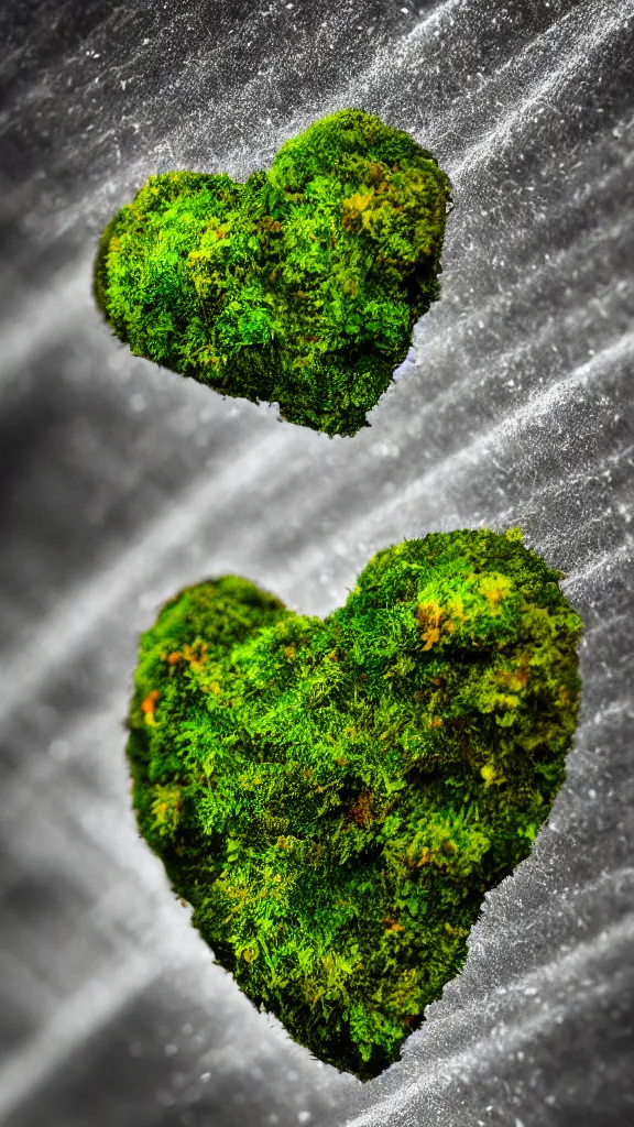 Image similar to macro photo of moss, a crystal heart is laying on the moss, light rays are coming through the leaves above, god rays, beautiful award winning macro photography, trending on artstation, serene secluded garden, isometric angle, 7 5 mm, f 3. 4