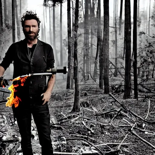 Image similar to a photo of jovanotti ( burn a forest with flamethrower )