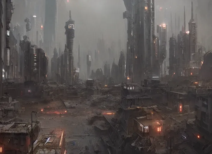 Image similar to A sci-fi digital matte painting of a dystopian far-future city, by greg rutkowski, trending on artstation