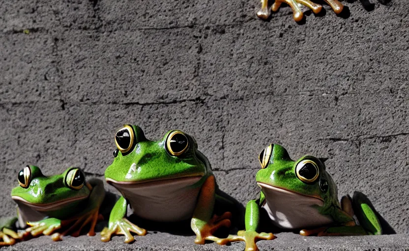 Image similar to happy frogs at a medieval throne castle, highly detailed, extremely high quality, hd, 4 k, 8 k, professional photographer, 4 0 mp, lifelike, top - rated, award winning, cinematic, realistic, detailed lighting, detailed shadows, sharp, no blur, edited, corrected, trending