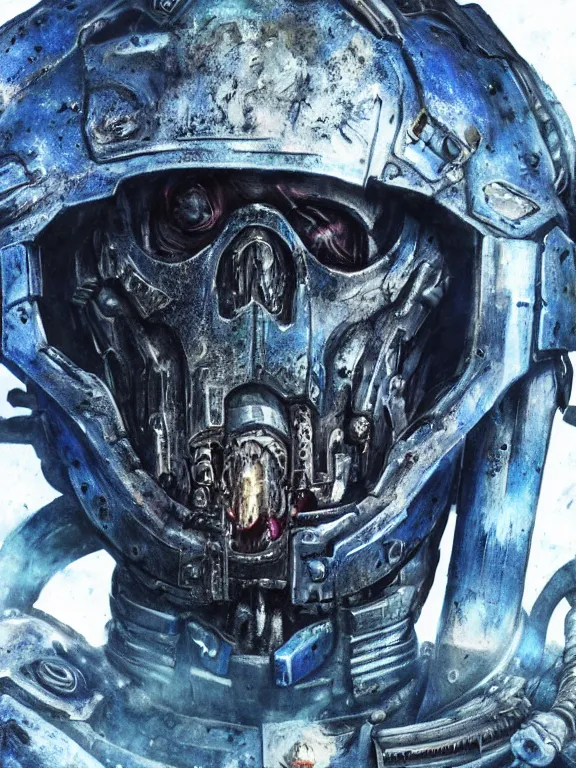 Prompt: portrait art of 8k ultra realistic undead space marine,detailed blue armour, decaying, cybernetic, full of colour, cinematic lighting, battered, trending on artstation, 4k, hyperrealistic, focused, extreme details,unreal engine 5, cinematic, masterpiece, art by ayami kojima, giger
