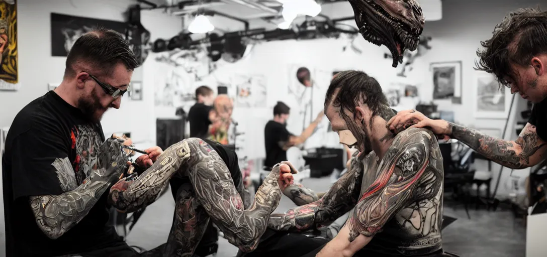 Image similar to Xenomorph XX121 getting a tattoo from Gary Woods in New Plymouth. james gurney, james jean, greg rutkowski, anato finnstark. hyper detailed, 50mm, cinematic indoor lighting volumetric