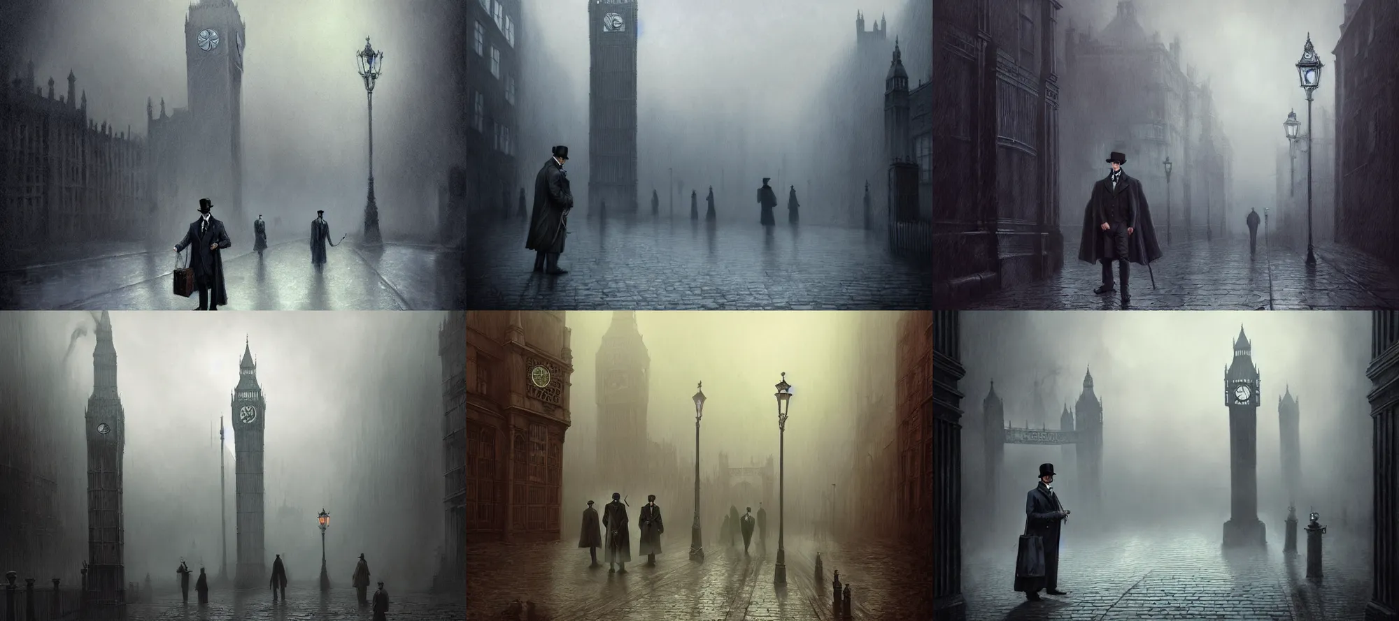 Prompt: sherlock holmes, victorian foggy london, full color, dark colors, artstation, trending, intricate lining, inspired by tormentum dark sorrow screenshot, by piotr ruszkowski, h. r. giger and zdzisław beksinski