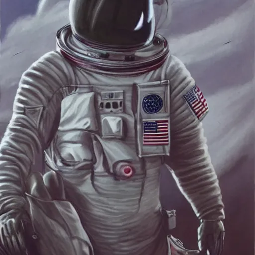 Image similar to hyperrealism sinister military astronaut on the moon, exterior shot, establishing shot
