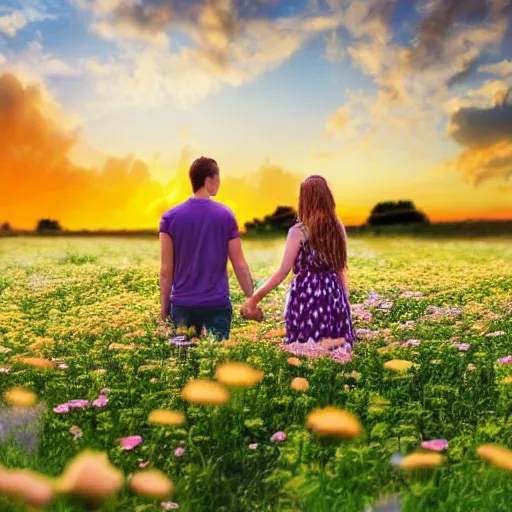 Image similar to a young couple holding hands in a field of flowers at sunset, cartoon