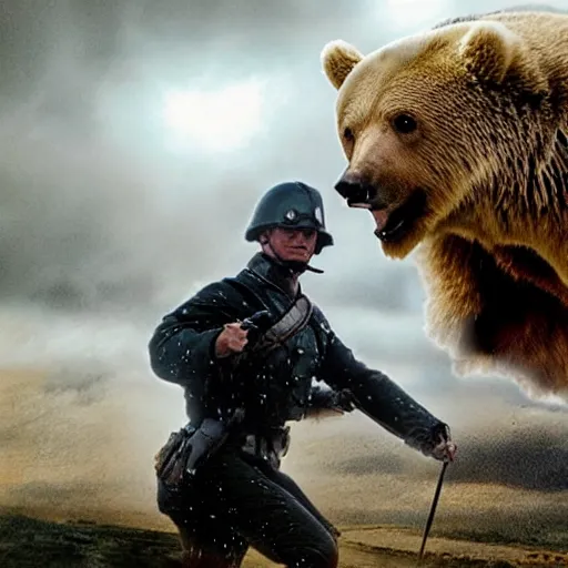 Image similar to most hated united states president, riding bear, realistic render, leading army in battle against aliens at the alamo, stormy weather with lightning, directed by christopher nolan and michael bay