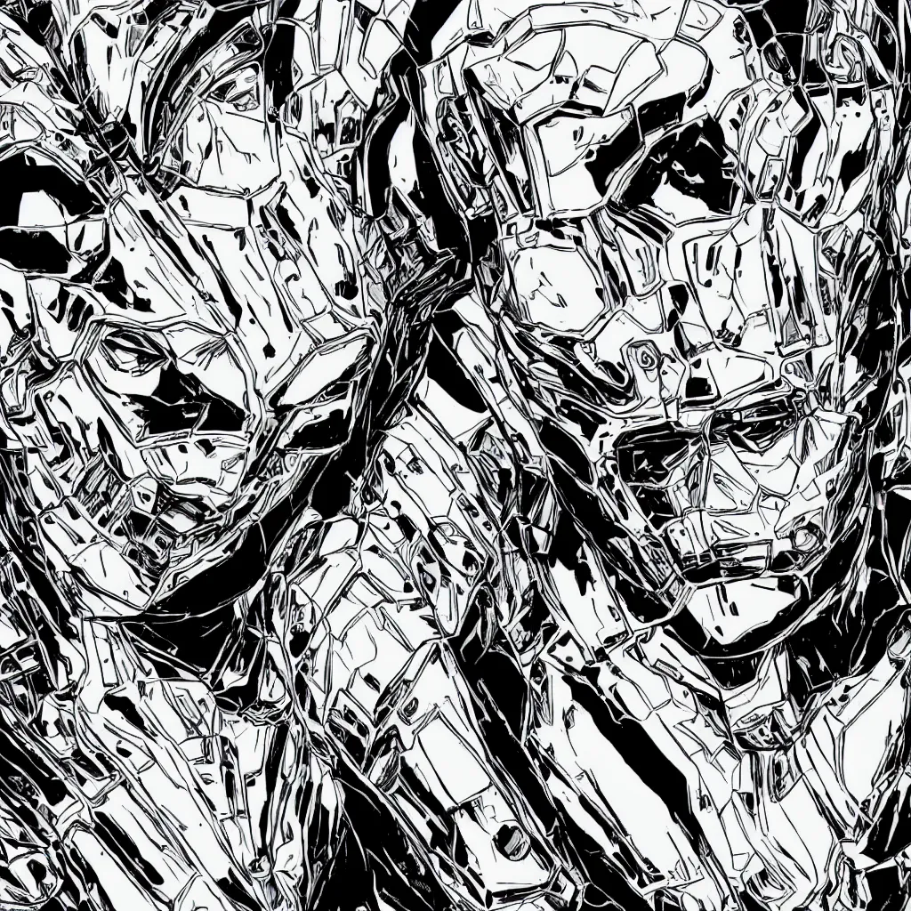 Image similar to a portrait of an ultra detailed hard edged robot front view in comic book black and white