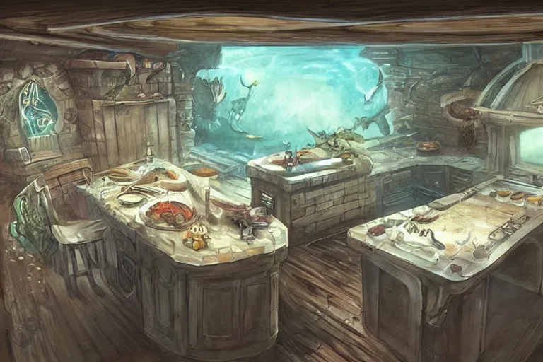 Image similar to underwater kitchen island, dungeons and dragons concept art