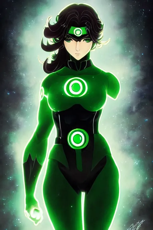 Image similar to anime key visual of a beautiful young female green lantern!! intricate, green and black suit, glowing, powers, dc comics, cinematic, stunning, highly detailed, digital painting, artstation, smooth, hard focus, illustration, art by artgerm and greg rutkowski and alphonse mucha