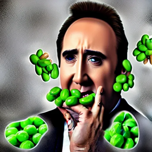 Image similar to nicolas cage screaming covered in peas