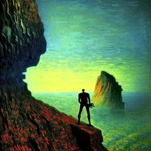 Image similar to A man climbs a cliff while coding A.I. on a laptop - award-winning digital artwork by Salvador Dali, Beksiński, Van Gogh and Monet. Stunning lighting