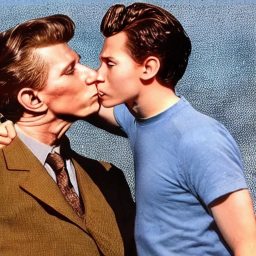 Image similar to Tom holland kissing the top of Walt Disney’s head