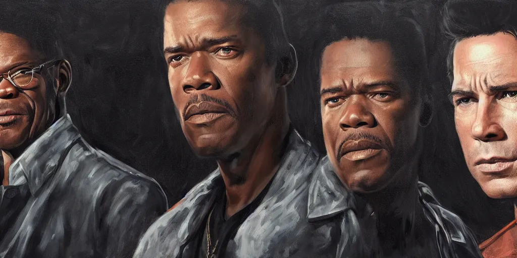 Image similar to highly detailed movie poster painting of young samuel l jackson and john travolta, perfect symmetrical eyes, by eddie mendoza and tyler edlin, 8 k resolution