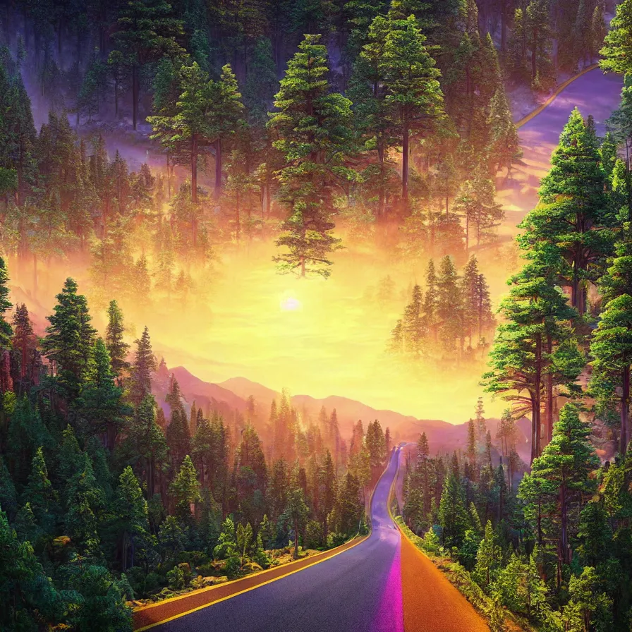 Image similar to intricate rendering of a highway road leading to the horizon through a thick pine forest down a rocky mountain coast, the sunset is a giant sun. atmospheric good vibes. colorful psychedelic, ultra realistic, concept art, modern art, photorealistic, octane render, 8 k, unreal engine. art by nori inoguchi and sam kaplan and zachary goulko and christopher marley