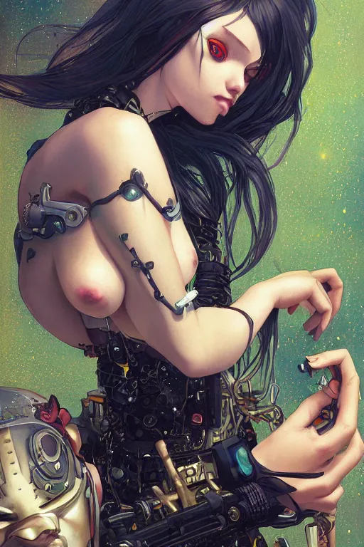 Prompt: portrait of beautiful young curvy goblin, cyberpunk, Warhammer, highly detailed, artstation, illustration, art by Gustav Klimt and Range Murata and Ilya Kuvshinov and Sakimichan