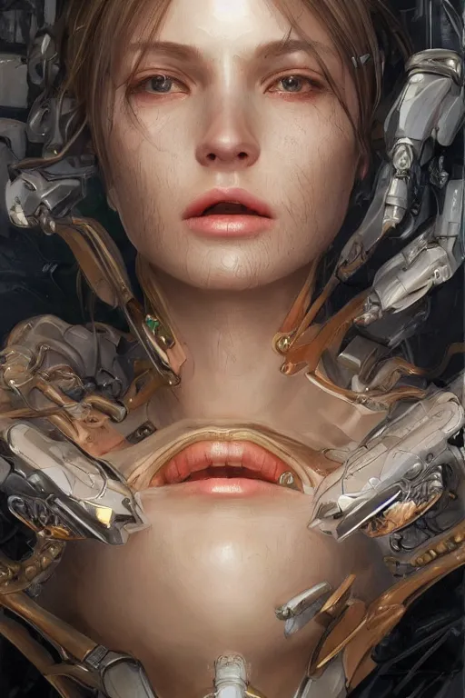 Prompt: Portrait of beautiful Ultra realistic illustration, roar with mouth open female cyborg, close her eyes ,cyberpunk, sci-fi, fantasy, intricate, elegant, highly detailed, digital painting, artstation, concept art, smooth, sharp focus, illustration, art by Yintion J , Jiang Geping and artgerm and greg rutkowski and alphonse mucha.