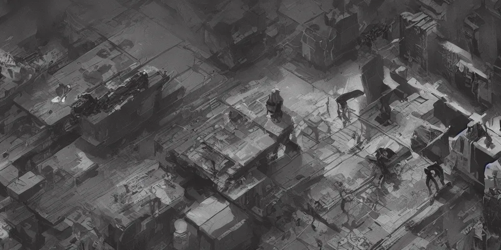 Prompt: desolation row, contrast, kim jung gi, greg rutkowski, zabrocki, karlkka, jayison devadas, trending on artstation, 8 k, ultra wide angle, zenith view, pincushion lens effect