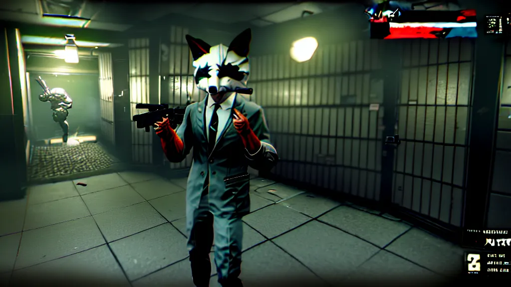 Image similar to screenshot from the pc game payday 2 demonstrating the fursuit unlock - hoxton? more like foxton.