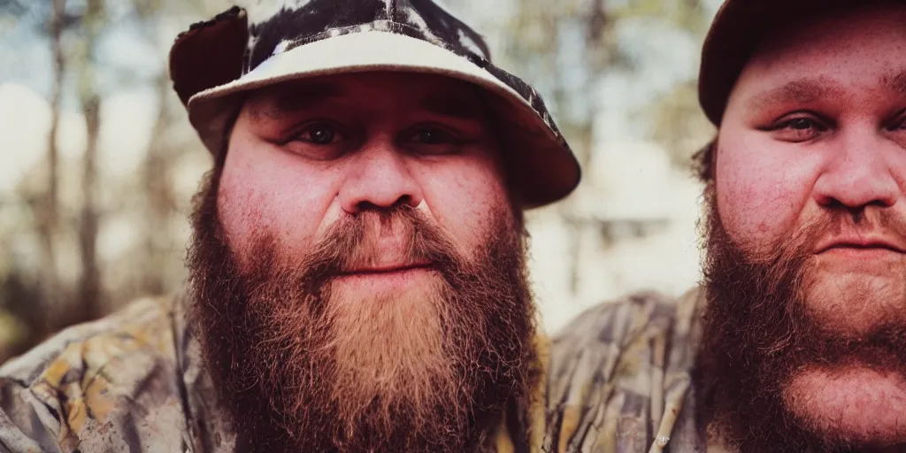 Image similar to obese redneck white male with long beard, wearing dirty overalls, dirty face, grin, portrait, close up, kodak gold 2 0 0, 5 0 mm