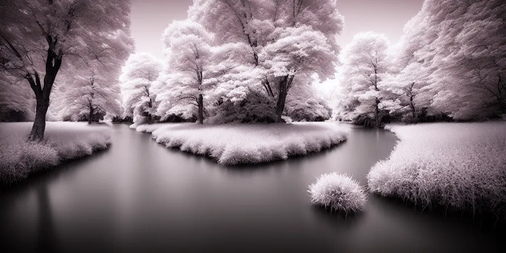 Prompt: beautiful infrared landscape photography with trees and water by david keochkerian and mike irwin, ir filter, rule of thirds