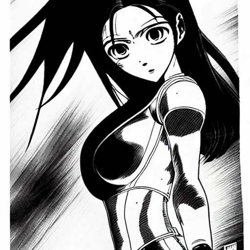 Image similar to alita by yukito kishiro. medium shot. black and white manga. pencil drawing.