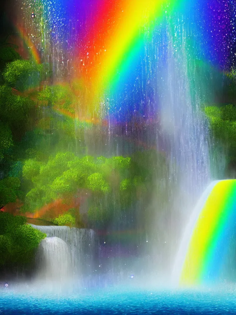 Prompt: oil on canvas waterfall and rainbow, ethereal, beautiful, detailed, amazing, glitter, 8 k render octane high definition