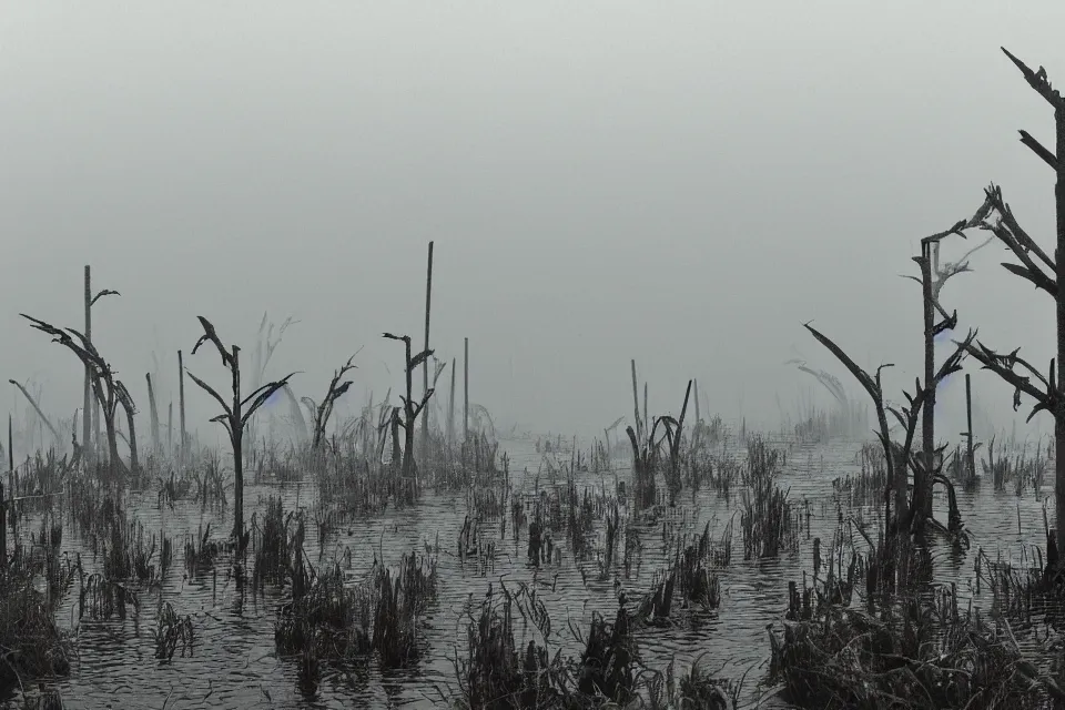 Image similar to A swamp with many natural stone spikes rising from the water. A concrete and steel structure is impaled by taller spikes in the distance shrouded by fog