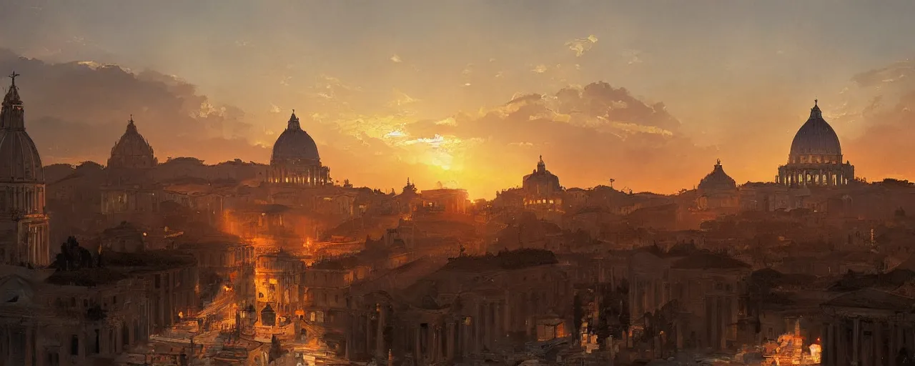 Prompt: oil painting of rome skyline at sunset, natural light, concept art, by greg rutkowski, cozy atmospheric and cinematic lighting