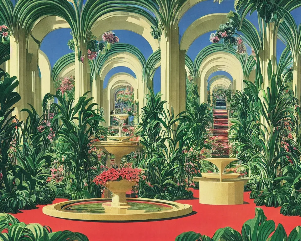 Prompt: an achingly beautiful print of the interior of an Art deco botanic garden, featuring flowing sculptured fountains, blooming tropical flowers, crystal chandeliers, and classical antiquities by Raphael, Hopper, and Rene Magritte. detailed, romantic, enchanting, Donald Trump is there.