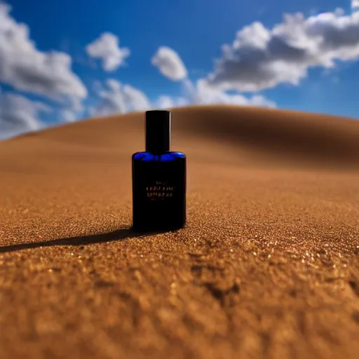 Prompt: perfume bottle sitting on a small mountain of golden desert sand, close up shot, upfront, with blue sky and clouds in the background, softly - lit, soft - warm, zen, light, modern minimalist f 2 0 clean