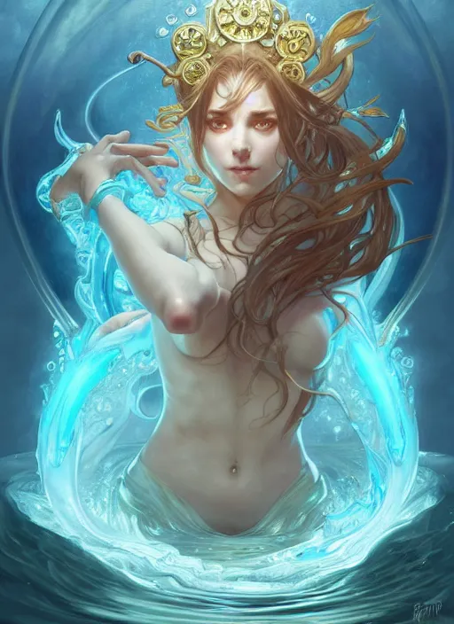 Image similar to summoner with a cute water elemental, fantasy, intricate, elegant, highly detailed, digital painting, artstation, concept art, wallpaper, smooth, sharp focus, illustration, art by artgerm and greg rutkowski and alphonse mucha