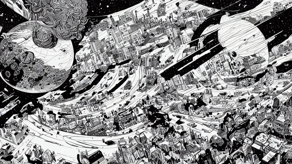 Image similar to very detailed, prophet graphic novel, ilya kuvshinov, mcbess, rutkowski, simon roy, illustration of a planet, view from space, wide shot, colorful, deep shadows,