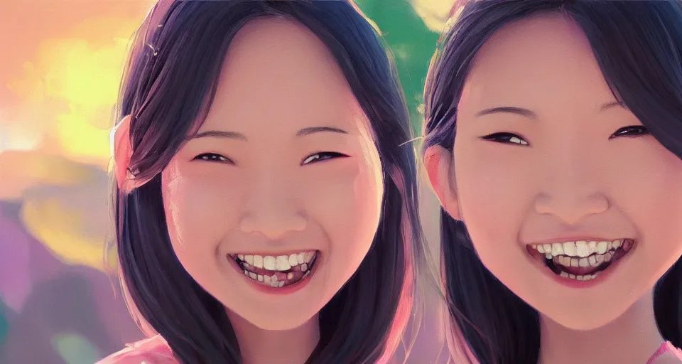 Prompt: a painting of cute Asian girls smiling, in the style of Pixar animation, low angle view, 16mm lens, award winning, hyper detailed, dramatic lighting, artstation, octane renderer, unreal engine