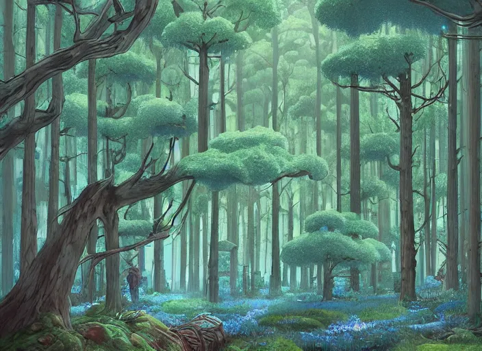 Image similar to Blue wispy forest, villages, tall trees, pipes, moss, by Miyazaki, James Jean, trending on Artstation