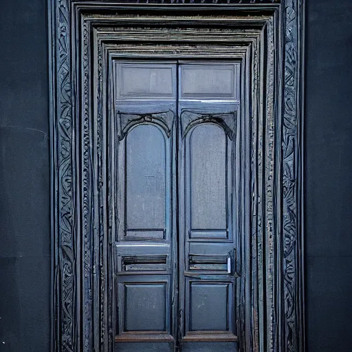 Prompt: magnificent door floating in a black void opening to a massive hopeful blue cloudy sky