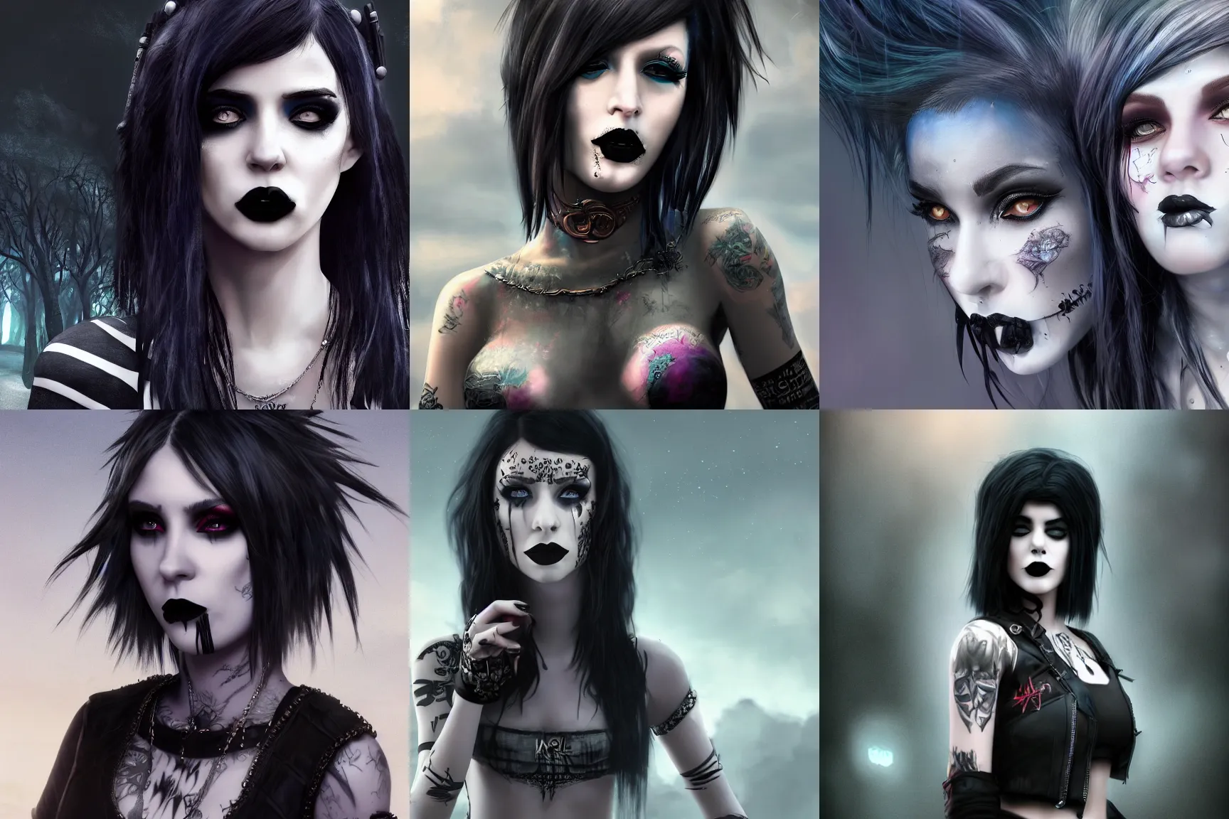 Prompt: A highly detailed 4K matte painting of a beautiful alt girl, goth, emo, punk, scene, dyed hair, black lipstick, mullet, ArtStation, CGSociety, Unreal Engine