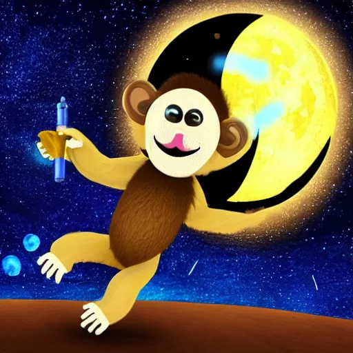 Image similar to a giant monkey eating a banana in the moon, space, night, realistic, fur, star wars style, neon, laser