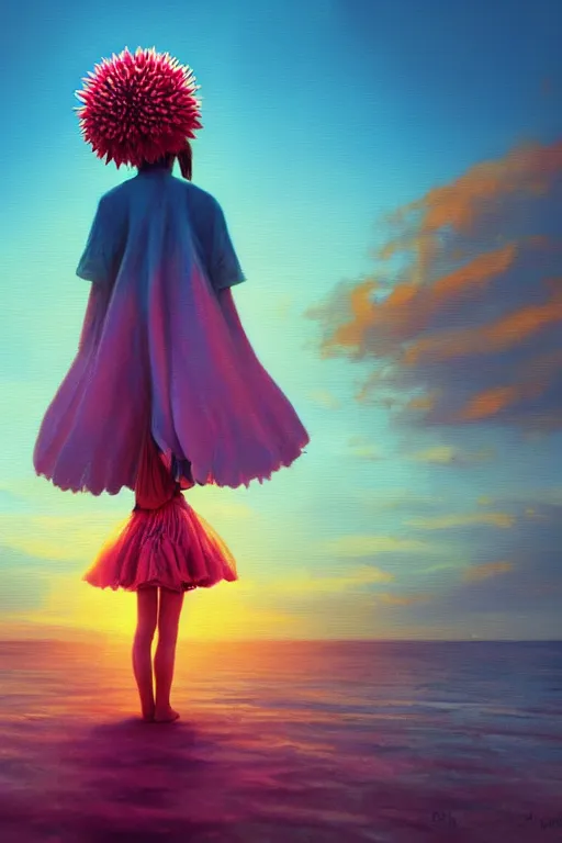 Image similar to closeup giant dahlia flower head, girl standing on beach, surreal photography, blue sky, sunrise, dramatic light, impressionist painting, digital painting, artstation, simon stalenhag