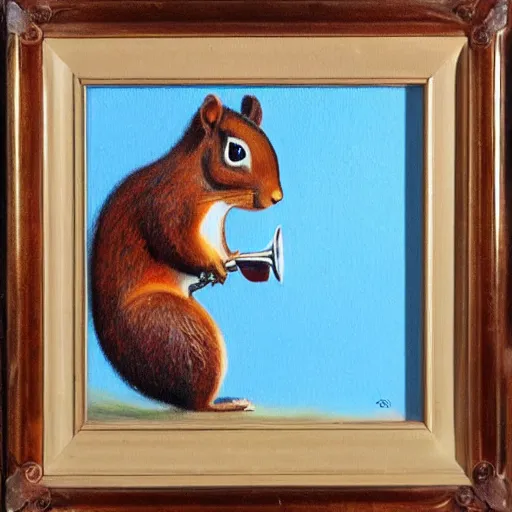 Image similar to squirrel with a trumpet in an oak tree, oil painting