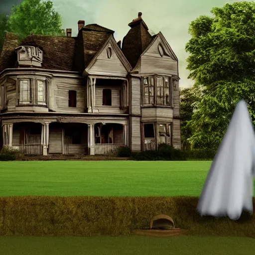 Image similar to a haunted house realistic with ghosts swooshing across the front lawn