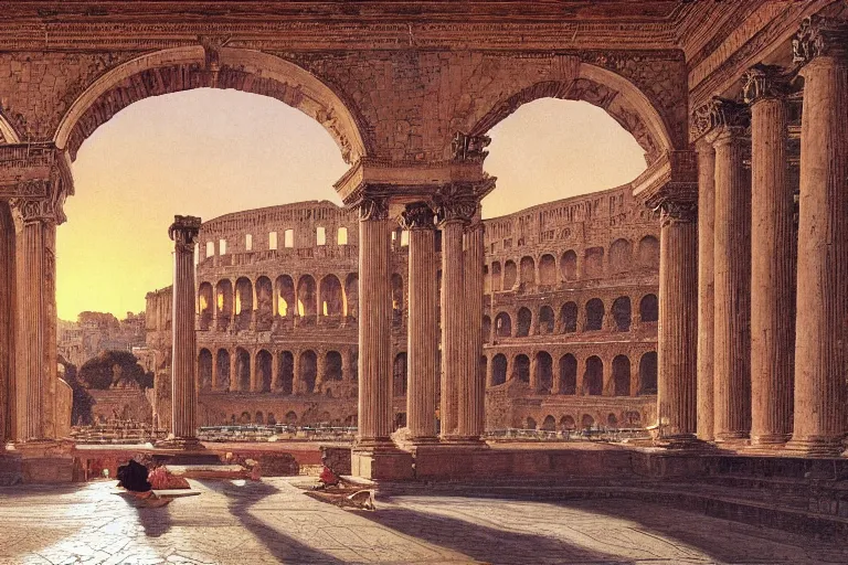 Image similar to painting of a the ancient rome, coliseum, sunset, chill, romantic, by ludwig deutsch and maxfield parrish, patterned tilework, extremely detailed, cinematic lighting, smooth sharp focus