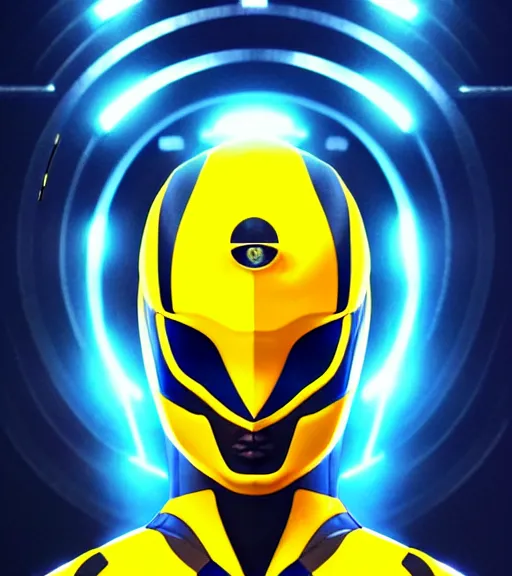 Image similar to symmetry!! yellow ranger, thunder - bolt - shaped eye!!, hard edges, product render retro - futuristic poster scifi, thunderbolt and neon circuits, intricate, elegant, highly detailed, digital painting, artstation, concept art, smooth, sharp focus, illustration, dreamlike, art by artgerm