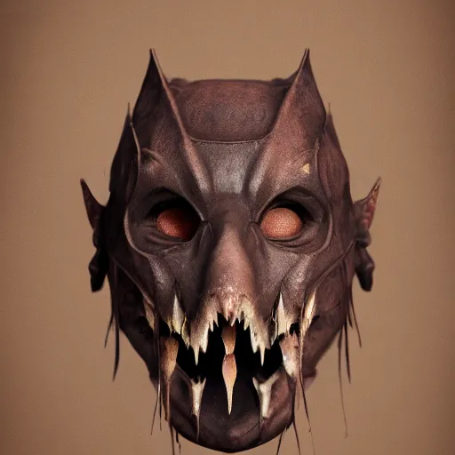 Image similar to a realistic rustic vampire bat steel mask, epic scale, character concept art, face symmetry, intricate accurate details, artstation trending, octane render, cinematic color grading, soft light, rule of thirds, golden ratio, like a professional model, cinematic, 8 k, clear.