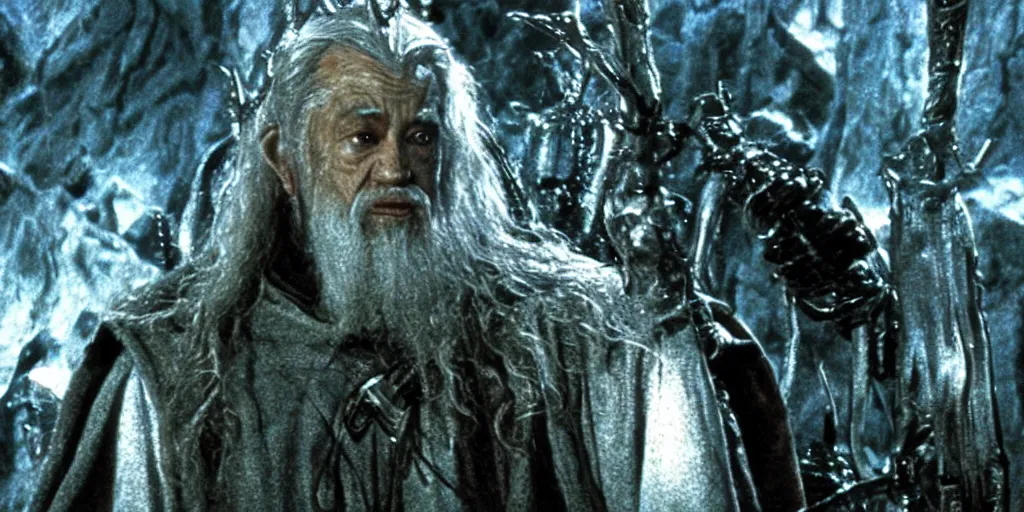 Prompt: movie still from the lord of the rings, directed by ridley scott in the style of h. r. giger, gandalf wearing a tall steel crown, resting against a twisted metal staff, dark, cinematic, cinemascope, highly detailed